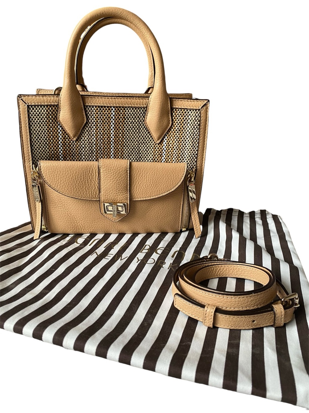 Henri Bendel Rivington Leather Tote with front pouch clutch crossbody woven NWOT